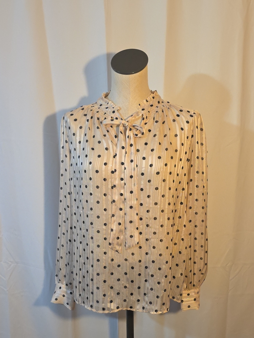 Rachel Zoe Cream Blouse with Black Polka Dots and Tie Neck
